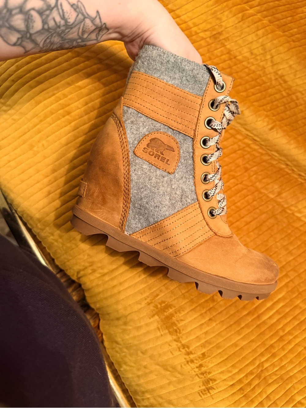 Sorel Tan and Gray Lace-Up Wedge Boot
